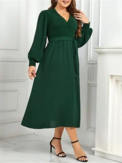 Women's Plus Size Curve Party Dress Winter Dress Sheath Dress Plain Midi Dress Long Sleeve Lace Up Ruched V Neck Fashion Party Green Fall Winter XL XXL 3XL 4XL -HANs Plus Size Style Shop huxbfc1695031566980 1