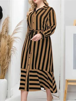 Women's Plus Size Curve Shirt Dress Casual Dress Midi Dress Outdoor Daily Vacation Polyester Fashion Classic Shirt Collar Lace Up Button Long Sleeve Spring Fall Winter Loose Fit Yellow Striped L XL -HANs Plus Size Style Shop hvabef1693210759749