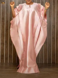 Women‘s Plus Size Curve Casual Dress Shift Dress Kaftan Dress Solid Color Long Dress Maxi Dress Half Sleeve Ruffle Crew Neck Elegant Vacation White Yellow Summer Spring One Size -HANs Plus Size Style Shop hvggmv1677653321346