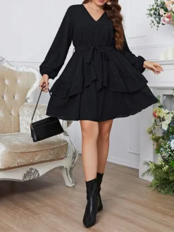 Women's Plus Size Party Dress Cocktail Dress Swing Dress Mini Dress Black Long Sleeve Pure Color Lace Up Spring Fall Winter V Neck Fashion Winter Dress Birthday Wedding Guest 2023 XL XXL 3XL 4XL -HANs Plus Size Style Shop hvgziy1692343046587