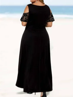 Women‘s Plus Size Curve Party Dress Lace Dress A Line Dress Solid Color Long Dress Maxi Dress Short Sleeve Lace Crew Neck Modern Party Black Red Spring Summer XL XXL 3XL 4XL 5XL -HANs Plus Size Style Shop hvieyx1672986117849