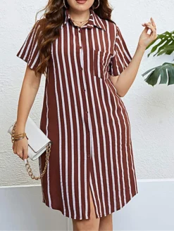 Women‘s Plus Size Curve Shirt Dress Casual Dress Shift Dress Midi Dress Outdoor Daily Vacation Polyester Fashion Modern Shirt Collar Button Pocket Short Sleeve Summer Spring 2023 Regular Fit