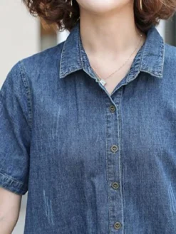 Women's Denim Dress Casual Dress Midi Dress Denim Basic Casual Outdoor Daily Vacation Shirt Collar Button Short Sleeve Summer Spring Fall 2023 Loose Fit Blue Plain S M L XL -HANs Plus Size Style Shop hwecvc1677036198894