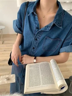 Women's Shift Dress Denim Shirt Dress Midi Dress Denim Fashion Casual Outdoor Daily Vacation Shirt Collar Button Pocket Short Sleeve Summer Spring Fall 2023 Loose Fit Blue Plain S M L XL -HANs Plus Size Style Shop hwetwf1677036655991