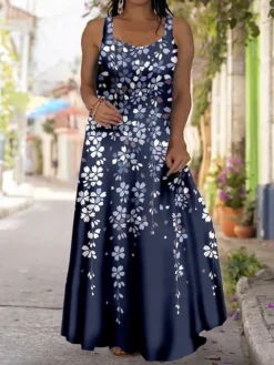 Women‘s Plus Size Curve Casual Dress Strap Dress Floral Coconut Tree Long Dress Maxi Dress Sleeveless Print Strap Fashion Outdoor Navy Blue Blue Summer Spring L XL XXL 3XL 4XL -HANs Plus Size Style Shop hwitax1684480038452