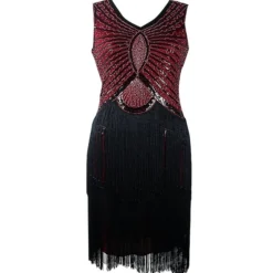 Women's Retro 1920s Fringe Dress Midi Dress Party Halloween Sequins Tassel Fringe Geometric V Neck Sleeveless Regular Fit Spring Fall 2023 Black White S M L XL -HANs Plus Size Style Shop hwzwbw1692849425264
