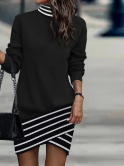 Women's Sweatshirt Dress Winter Dress Shift Dress Mini Dress Black Long Sleeve Line Print Winter Fall Autumn Turtleneck Stylish Fall Dress 2023 S M L XL 2XL 3XL