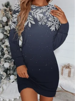 Women's Christmas Sweatshirt Dress Shift Dress Sweat Dress Mini Dress Silver Green Black Long Sleeve Elk Print Winter Fall Autumn Round Neck Fashion Christmas Daily Loose Fit 2022 S M L XL XXL 3XL -HANs Plus Size Style Shop hxuppr1668221765289