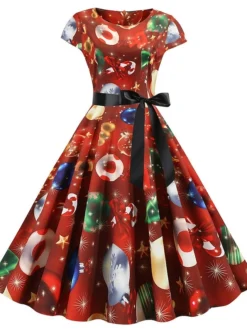 Women's Christmas Knee Length Dress Purple Wine Gray White Black Red Light Green Short Sleeve Print Bow Print Fall Winter Round Neck Casual Vintage2021 S M L XL XXL