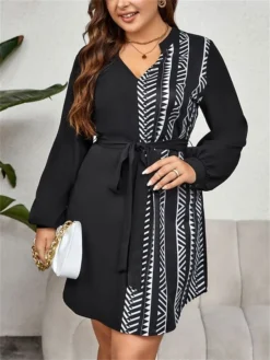 Women's Plus Size Curve Casual Dress Sheath Dress Black Dress Geometric Midi Dress Long Sleeve Lace Up Print V Neck Fashion Outdoor Black Fall Winter XL XXL 3XL 4XL -HANs Plus Size Style Shop hyvrte1695024244486