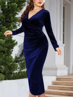 Women's Plus Size Party Dress Velvet Dress Cocktail Dress Midi Dress Black Wine Dark Green Long Sleeve Pure Color Ruched Spring Fall Winter V Neck Fashion Winter Dress Wedding Guest Birthday 2023 XL -HANs Plus Size Style Shop hywsev1692000451473