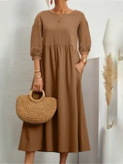 Women's Casual Dress Midi Dress Black White Pink 3/4 Length Sleeve Pure Color Ruched Summer Spring Crew Neck Casual 2023 S M L XL XXL