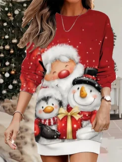 Women's Christmas Casual Dress Sweatshirt Dress Mini Dress Warm Fashion Outdoor Vacation Crew Neck Print Santa Claus Snowman Loose Fit White Wine Rusty Red S M L XL XXL -HANs Plus Size Style Shop hzcuhz1695365440674