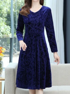 Women's Christmas Dress Casual Dress Velvet Dress Midi Dress Pocket Outdoor Christmas Street Fashion Elegant V Neck Long Sleeve 2023 Loose Fit Black Wine Blue Color XL XXL 3XL 4XL 5XL Size -HANs Plus Size Style Shop hzdqvv1695207036885