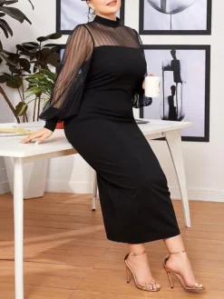 Women‘s Plus Size Curve Work Dress Sheath Dress Black Dress Fashion Mesh Sleeve Long Dress Maxi Dress Mesh Stand Collar Long Sleeve Plain Regular Fit Black Spring Fall L XL XXL 3XL 4XL -HANs Plus Size Style Shop hzdrpf1692089937202