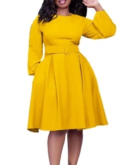 Women's Casual Dress Plain Dress Spring Dress Midi Dress Ruched With Belt Street Daily Holiday Fashion Streetwear Crew Neck Long Sleeve 2023 Regular Fit White Yellow Royal Blue Color S M L XL XXL Size -HANs Plus Size Style Shop hzgbgu1692706902271
