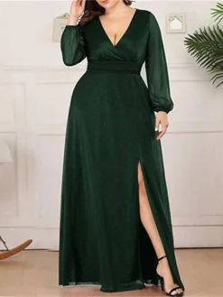 Women's Plus Size Curve Party Dress Sheath Dress Burgundy Dress Solid Color Plain Long Dress Maxi Dress Long Sleeve V Neck Fashion Party Black Wine Fall Winter L XL XXL 3XL 4XL -HANs Plus Size Style Shop hzilqo1695018858169