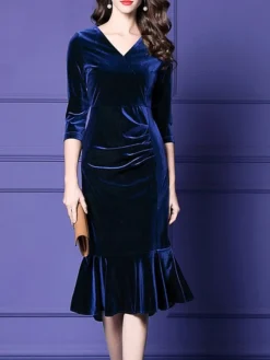 Women's Plus Size Curve Party Dress Velvet Dress Winter Dress Solid Color Midi Dress Long Sleeve Ruched V Neck Fashion Party Black Wine Fall Winter L XL XXL 3XL 4XL -HANs Plus Size Style Shop hzpqei1694576155523