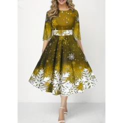 Women's Christmas Skater Dress Print DressMidi Dress Green Purple Dark Red Dark Blue Black 3/4 Length Sleeve Print Snowflake Patchwork Print Fall Winter Crew Neck Fashion Party 2022 S M L XL 2XL 3XL -HANs Plus Size Style Shop hzsfph1667293699013