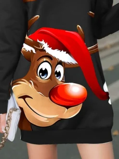 Women's Casual Dress Christmas Dress Sweatshirt Dress Deer Print Crew Neck Mini Dress Fashion Streetwear Outdoor Christmas Long Sleeve Loose Fit Black Fall Winter S M L XL XXL -HANs Plus Size Style Shop hztuzc1695891766600