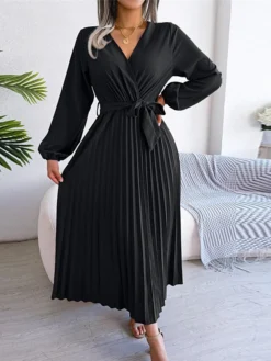 Women's Casual Dress Swing Dress Long Dress Maxi Dress Black Red Royal Blue Long Sleeve Pure Color Lace Up Spring Fall Winter V Neck Fashion 2023 S M L XL -HANs Plus Size Style Shop iadjeh1670581802952