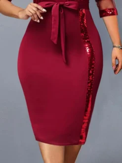 Women's Plus Size Party Dress Sequin Dress Cocktail Dress Midi Dress Wine Half Sleeve Pure Color Lace Up Summer Spring Fall V Neck Fashion Wedding Guest Birthday Vacation 2023 XL XXL 3XL 4XL 5XL -HANs Plus Size Style Shop iafpre1691723189886
