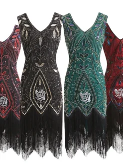 Women's Retro 1920s Fringe Dress Midi Dress Party Halloween Sequins Tassel Fringe Leaf V Neck Sleeveless Regular Fit Spring Fall 2023 Black Wine S M L XL