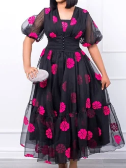 Women‘s Plus Size Curve Holiday Dress Floral V Neck Mesh Puff Sleeve Short Sleeve Fall Spring Prom Dress Maxi Long Dress Holiday Date Dress Print -HANs Plus Size Style Shop ibhszo1659509646387