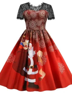 Women's Christmas Knee Length Dress Blue Purple Wine Green Black Red Short Sleeve Print Lace Print Fall Winter Round Neck CasualRegular Fit 2021 S M L XL XXL 3XL -HANs Plus Size Style Shop ibjrqe1632737574564