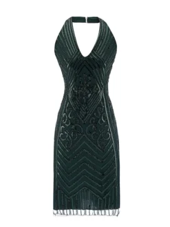 Women's Retro 1920s Sequin Dress Mini Dress Party Halloween Sequins Patchwork Floral Halter Neck Sleeveless Regular Fit Spring Fall 2023 Black Green S M L XL -HANs Plus Size Style Shop ibllyi1693212153618
