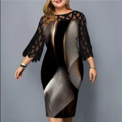 Women‘s Plus Size Curve Party Dress Color Gradient Crew Neck Print 3/4 Length Sleeve Spring Fall Elegant Knee Length Dress Date Semi Formal Dress