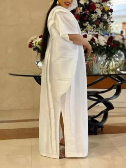 Women‘s Plus Size Curve Casual Dress Shift Dress Kaftan Dress Solid Color Long Dress Maxi Dress Half Sleeve Ruffle Crew Neck Elegant Vacation White Yellow Summer Spring One Size -HANs Plus Size Style Shop ibpcac1677653319713