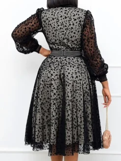 Women‘s Plus Size Curve Black Dress Easter Dress Crew Neck Lace Vacation Dress Solid Color Long Sleeve Fall Winter Prom Dress Midi Dress -HANs Plus Size Style Shop ibplqi1652684148190
