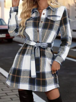 Women's Casual Dress Winter Dress Plaid Dress Mini Dress Lace Up Pocket Street Holiday Vacation Fashion Streetwear Shirt Collar Long Sleeve 2023 Loose Fit Light Pink Black Yellow Color S M L XL Size -HANs Plus Size Style Shop ibqsjq1692687493261
