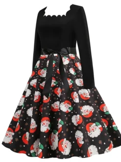 Women's Christmas Vintage Dress Midi Dress Black And White Green Black Long Sleeve Santa Claus Bow Winter Fall Autumn Square Neck Stylish Christmas Vacation 2022 S M L XL XXL 3XL -HANs Plus Size Style Shop ibqwdc1667637299756