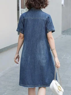Women's Denim Dress Casual Dress Midi Dress Denim Basic Casual Outdoor Daily Vacation Shirt Collar Button Short Sleeve Summer Spring Fall 2023 Loose Fit Blue Plain S M L XL -HANs Plus Size Style Shop ibtoqf1677036196840