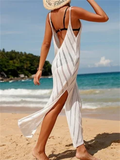 Women's Cover Up Beach Dress Beach Wear Long Dress Maxi Dress Backless Hollow Out Hoty Plain Spaghetti Strap Sleeveless Regular Fit Vacation Beach Black White 2023 Spring Summer -HANs Plus Size Style Shop ibtrmy1672999988685