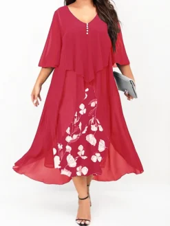 Women's Plus Size Curve Work Dress Floral V Neck Ruched 3/4 Length Sleeve Spring Summer Work Elegant Midi DressLayered Formal Vacation Dress -HANs Plus Size Style Shop ibubck1677034912754