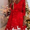 Women's Christmas Swing Dress Vintage Dress Mini Dress Wine Light Red Dark Blue Long Sleeve Deer Patchwork Winter Fall Autumn V Neck Vacation 2022 S M L XL XXL 3XL 4XL 5XL 6XL