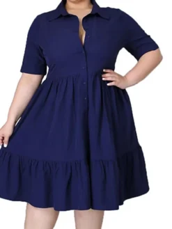 Women's Plus Size Easter Dress Shirt Dress Solid Color Shirt Collar Ruched Half Sleeve Spring Fall Casual Preppy Knee Length Dress Casual Daily Dress -HANs Plus Size Style Shop ickycz1635235230698