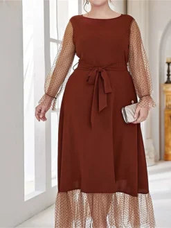 Women's Plus Size Prom Dress Party Dress Wedding Guest Dress Long Dress Maxi Dress Black Brown Long Sleeve Pure Color Lace Up Fall Winter Autumn Crew Neck Fashion Winter Dress Evening Party Wedding -HANs Plus Size Style Shop icrhbc1693535311986