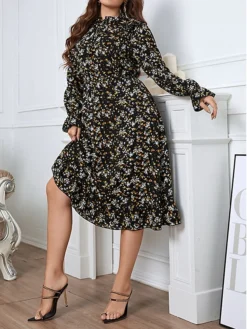 Women's Plus Size Party Dress Wedding Guest Dress Black Dress Midi Dress Black Long Sleeve Flower Print Spring Fall Winter High Neck Fashion Winter Dress Evening Party Wedding Guest 2023 XL XXL 3XL -HANs Plus Size Style Shop icwnax1693535289570