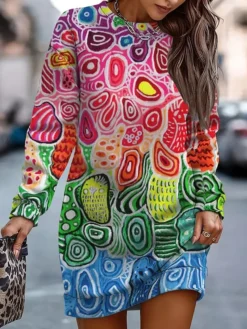 Women's Casual Dress Sweatshirt Dress Winter Dress Floral Geometric Print Crew Neck Mini Dress Fashion Streetwear Outdoor Daily Long Sleeve Loose Fit White Pink Blue Fall Winter S M L XL XXL -HANs Plus Size Style Shop icxpjh1694076180192