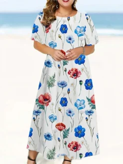 Women‘s Plus Size Curve Casual Dress Floral Long Dress Maxi Dress Short Sleeve Print Crew Neck Fashion Outdoor White Royal Blue Spring Summer L XL XXL 3XL 4XL