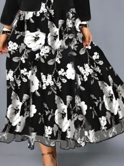 Women‘s Plus Size Curve Two Piece Dress Set Casual Dress Chiffon Dress Outdoor Daily Fashion Elegant Print Long Dress Maxi Dress V Neck Long Sleeve Floral Regular Fit Black Summer Spring -HANs Plus Size Style Shop idjclh1690946620810