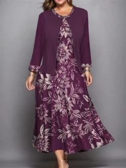 Women's Plus Size Curve Casual Dress Dress Set Two Piece Dress Floral Midi Dress Long Sleeve Print Crew Neck Fashion Outdoor Deep Purple Purple Fall Winter L XL XXL 3XL 4XL