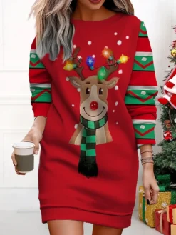 Women's Christmas Casual Dress Sweatshirt Dress Mini Dress Warm Fashion Outdoor Vacation Crew Neck Print Santa Claus Loose Fit ArmyGreen Light Green Wine S M L XL XXL -HANs Plus Size Style Shop idkzat1695377418896