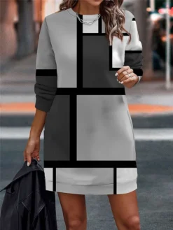 Women's Casual Dress Sweatshirt Dress Mini Dress Warm Fashion Outdoor Vacation Going Out Crew Neck Print Geometric Loose Fit Pink Blue Light Purple S M L XL XXL -HANs Plus Size Style Shop idlzrt1694596715494