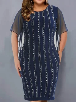 Women's Plus Size Curve Party Dress Wedding Guest Dress Bodycon Midi Dress Dark Blue Short Sleeve Striped Mesh Summer Spring Fall Crew Neck Fashion Wedding Guest Vacation 2023 L XL XXL 3XL 4XL