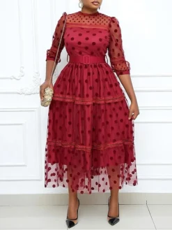 Women‘s Plus Size Curve Party Dress Polka Dot High Neck Mesh 3/4 Length Sleeve Fall Spring Elegant Prom Dress Maxi Long Dress Wedding Date Dress